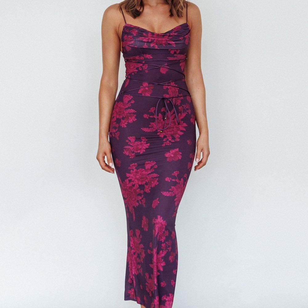 Elegant Floral Maxi Dress in Purple and Pink